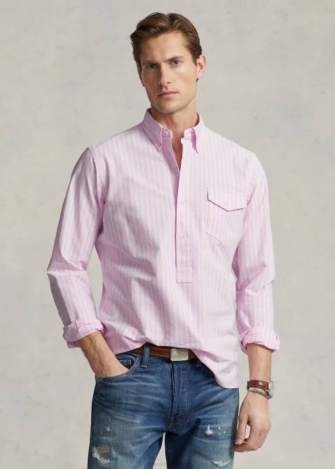 Men Ralph Lauren Classic Fit Striped Oxford Popover Shirt 4DJ2931 Pink/White