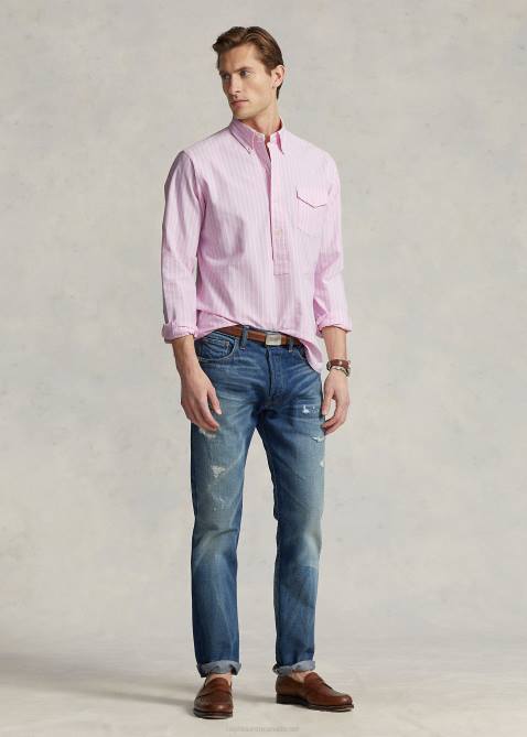 Men Ralph Lauren Classic Fit Striped Oxford Popover Shirt 4DJ2931 Pink/White