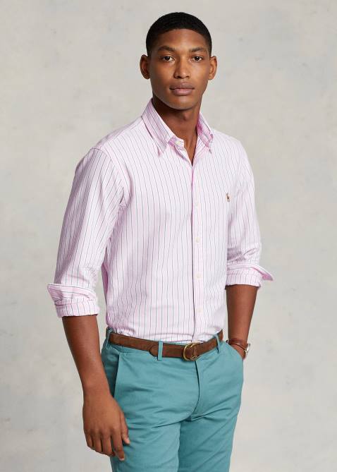 Men Ralph Lauren Classic Fit Striped Oxford Shirt 4DJ28417 Carmel Pink/Navy Multi