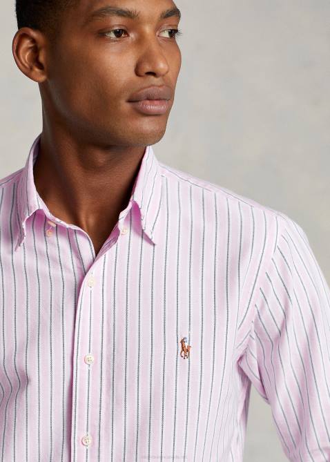 Men Ralph Lauren Classic Fit Striped Oxford Shirt 4DJ28417 Carmel Pink/Navy Multi
