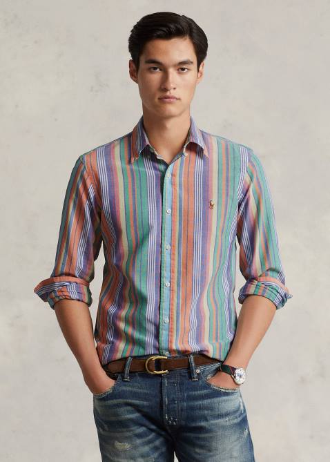 Men Ralph Lauren Classic Fit Striped Oxford Shirt 4DJ28419 Orange/Green Multi