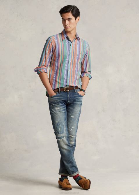 Men Ralph Lauren Classic Fit Striped Oxford Shirt 4DJ28419 Orange/Green Multi