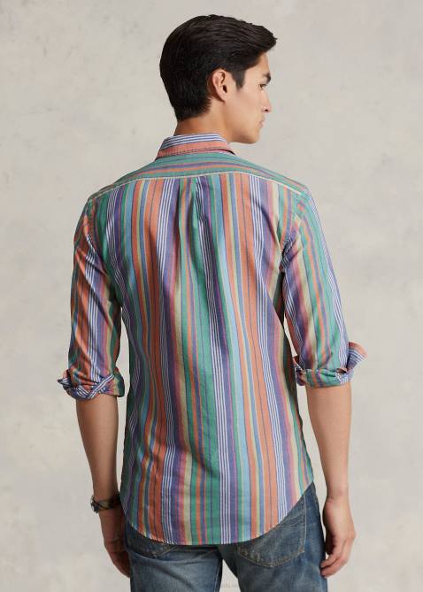 Men Ralph Lauren Classic Fit Striped Oxford Shirt 4DJ28419 Orange/Green Multi