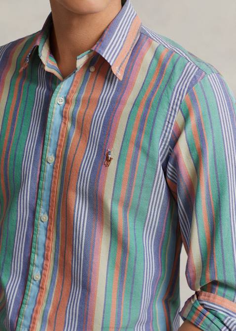 Men Ralph Lauren Classic Fit Striped Oxford Shirt 4DJ28419 Orange/Green Multi