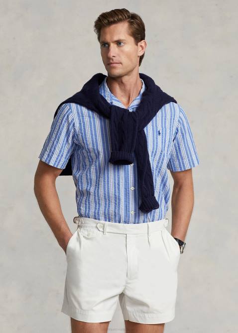Men Ralph Lauren Classic Fit Striped Seersucker Shirt 4DJ2530 Blue/White
