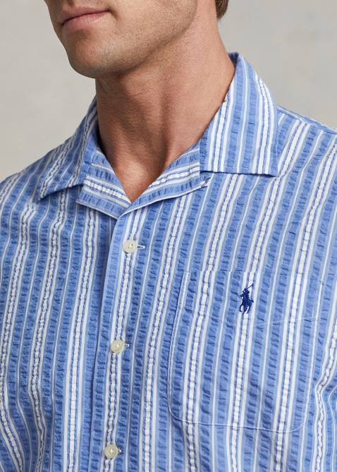 Men Ralph Lauren Classic Fit Striped Seersucker Shirt 4DJ2530 Blue/White