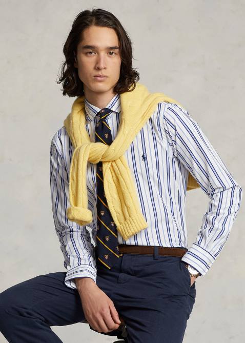 Men Ralph Lauren Classic Fit Striped Stretch Poplin Shirt 4DJ2732 White/Blue Multi