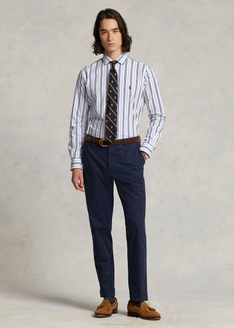 Men Ralph Lauren Classic Fit Striped Stretch Poplin Shirt 4DJ2732 White/Blue Multi