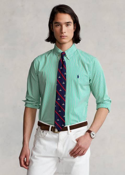 Men Ralph Lauren Classic Fit Striped Stretch Poplin Shirt 4DJ2773 Golf Green/White