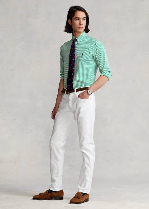Men Ralph Lauren Classic Fit Striped Stretch Poplin Shirt 4DJ2773 Golf Green/White