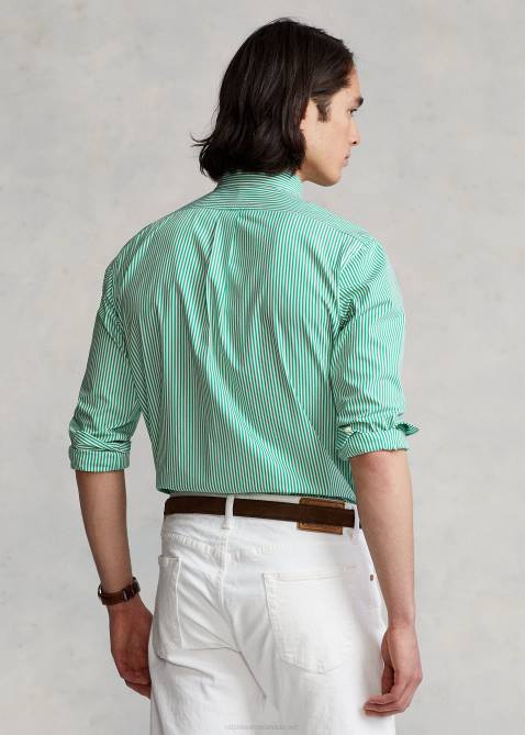 Men Ralph Lauren Classic Fit Striped Stretch Poplin Shirt 4DJ2773 Golf Green/White