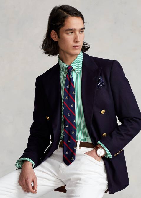 Men Ralph Lauren Classic Fit Striped Stretch Poplin Shirt 4DJ2773 Golf Green/White