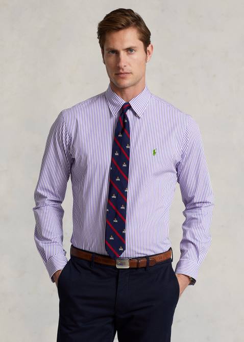 Men Ralph Lauren Classic Fit Striped Stretch Poplin Shirt 4DJ2774 Lavender/White