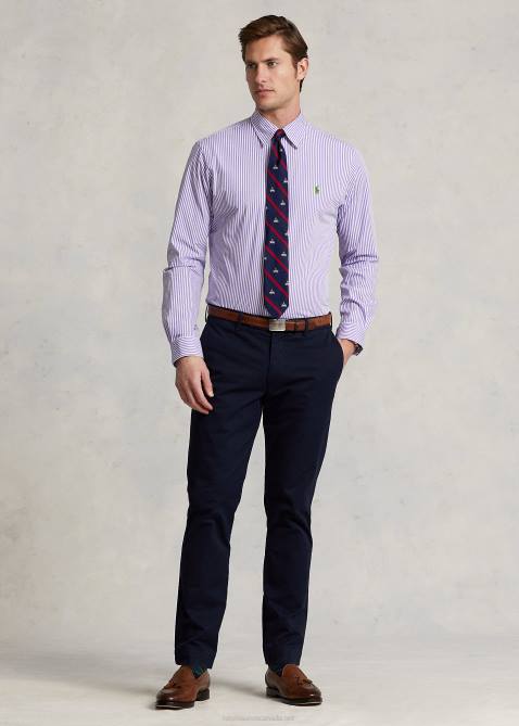 Men Ralph Lauren Classic Fit Striped Stretch Poplin Shirt 4DJ2774 Lavender/White