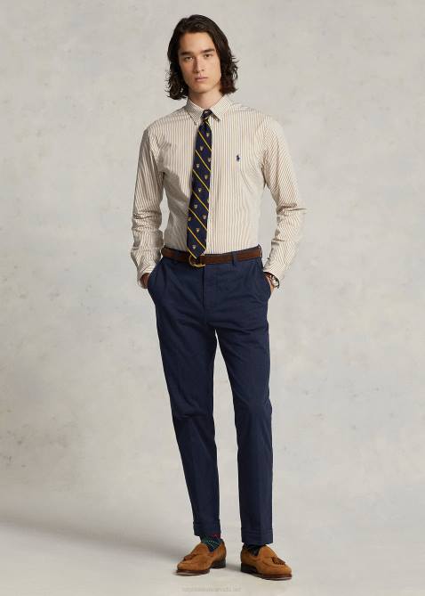 Men Ralph Lauren Classic Fit Striped Stretch Poplin Shirt 4DJ2775 Vintage Khaki/White