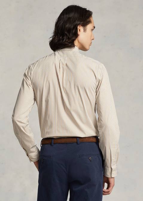 Men Ralph Lauren Classic Fit Striped Stretch Poplin Shirt 4DJ2775 Vintage Khaki/White