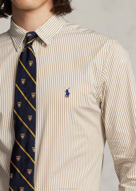 Men Ralph Lauren Classic Fit Striped Stretch Poplin Shirt 4DJ2775 Vintage Khaki/White