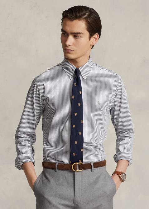 Men Ralph Lauren Classic Fit Striped Stretch Poplin Shirt 4DJ2776 Loft Grey/White