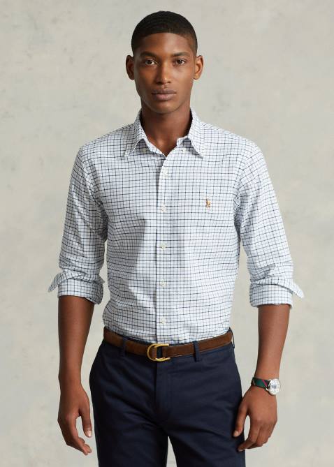 Men Ralph Lauren Classic Fit Tattersall Oxford Shirt 4DJ28423 Grey Heather/White