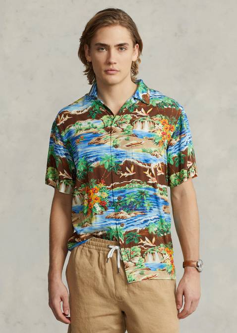 Men Ralph Lauren Classic Fit Tropical-Print Camp Shirt 4DJ2877 Flying Fish Paradise