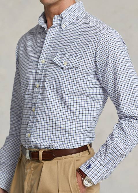 Men Ralph Lauren Custom Fit Checked Oxford Shirt 4DJ28627 Navy/Blue Multi