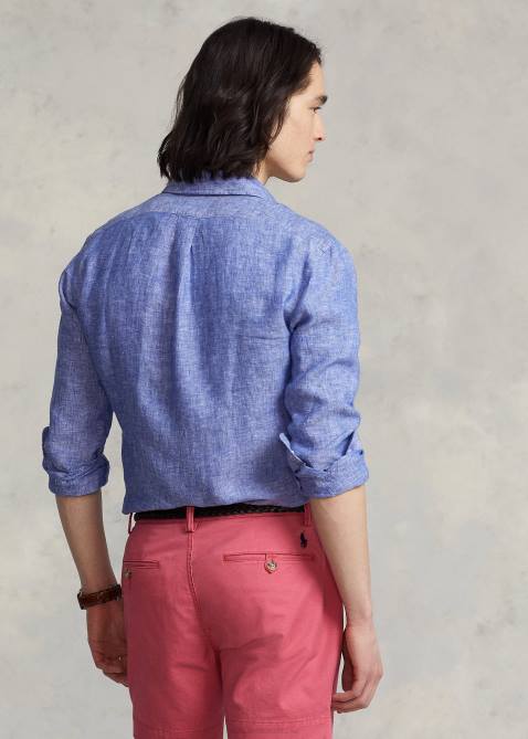 Men Ralph Lauren Custom Fit Linen Chambray Shirt 4DJ2963 Heritage Royal