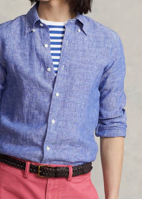 Men Ralph Lauren Custom Fit Linen Chambray Shirt 4DJ2963 Heritage Royal