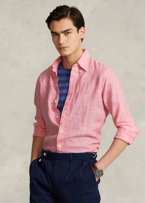 Men Ralph Lauren Custom Fit Linen Chambray Shirt 4DJ2965 Peaceful Coral/White