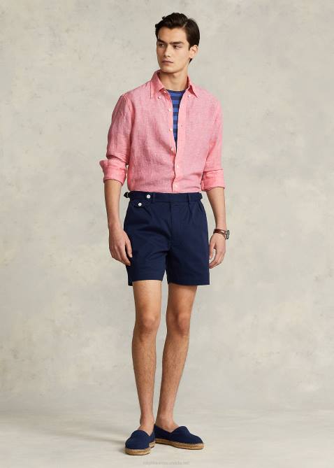 Men Ralph Lauren Custom Fit Linen Chambray Shirt 4DJ2965 Peaceful Coral/White