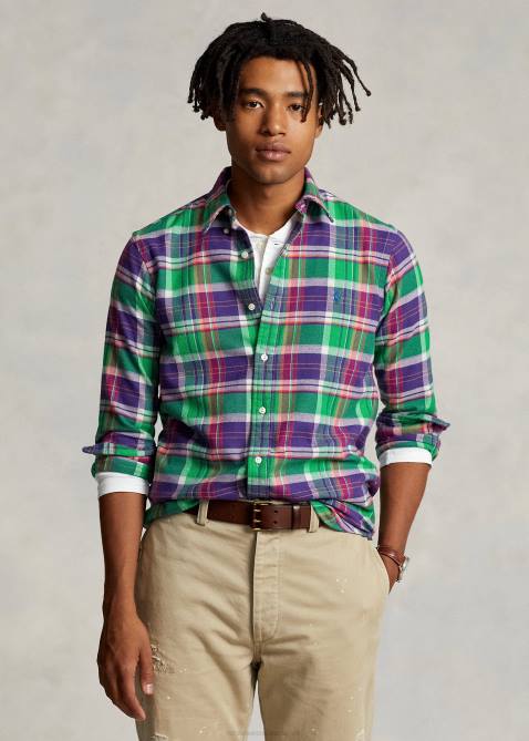 Men Ralph Lauren Custom Fit Plaid Twill Shirt 4DJ2787 Purple/Green Multi