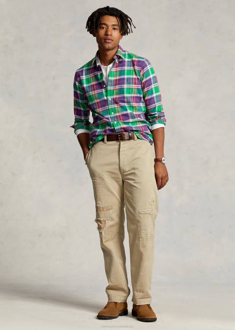 Men Ralph Lauren Custom Fit Plaid Twill Shirt 4DJ2787 Purple/Green Multi