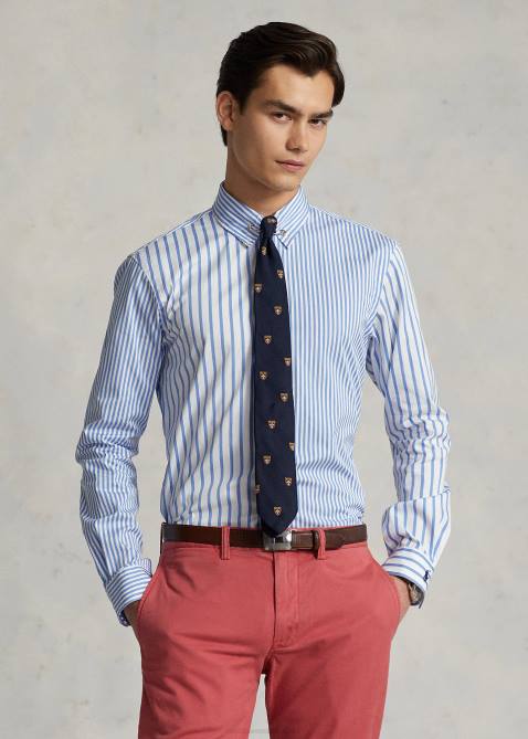 Men Ralph Lauren Custom Fit Striped Poplin Fun Shirt 4DJ21098 Blue Funshirt