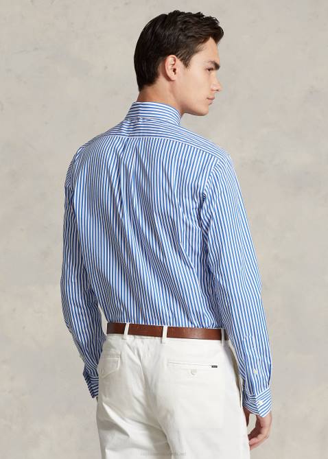 Men Ralph Lauren Custom Fit Striped Poplin Shirt 4DJ28515 White/Blue