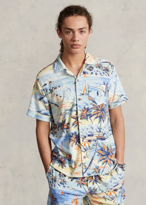 Men Ralph Lauren Custom Slim Tropical-Print Terry Shirt 4DJ2762 Hawaiian Beach Bazaar