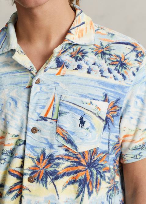 Men Ralph Lauren Custom Slim Tropical-Print Terry Shirt 4DJ2762 Hawaiian Beach Bazaar