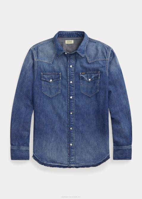 Men Ralph Lauren Frayed-Hem Denim Western Shirt 4DJ21205 Navy