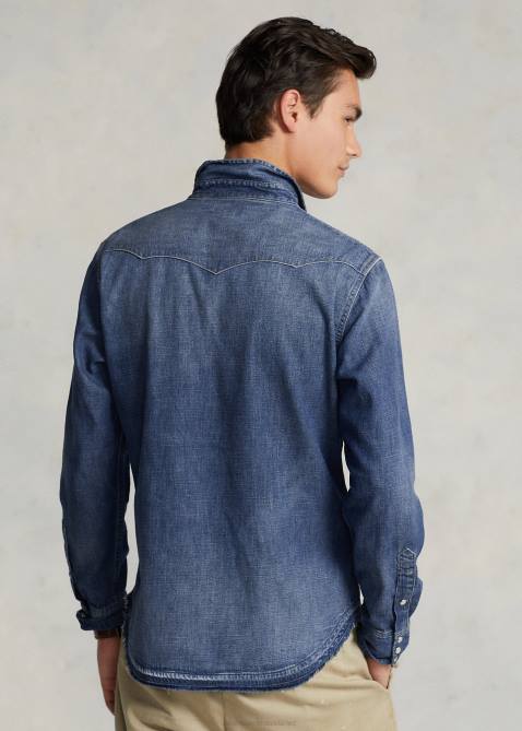 Men Ralph Lauren Frayed-Hem Denim Western Shirt 4DJ21205 Navy