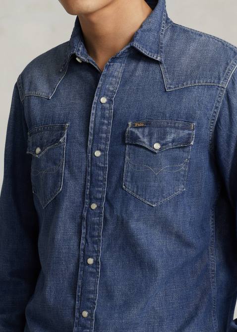 Men Ralph Lauren Frayed-Hem Denim Western Shirt 4DJ21205 Navy