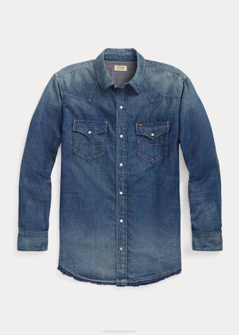 Men Ralph Lauren Frayed-Hem Denim Western Shirt 4DJ21479 Hocking Ldh