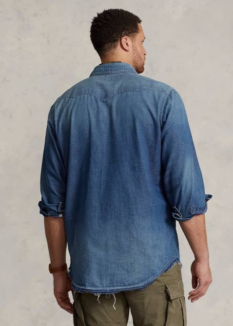 Men Ralph Lauren Frayed-Hem Denim Western Shirt 4DJ21479 Hocking Ldh