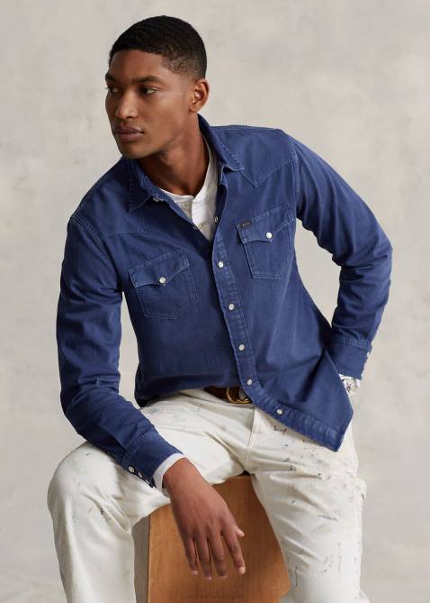 Men Ralph Lauren Garment-Dyed Denim Western Shirt 4DJ21119 Light Navy