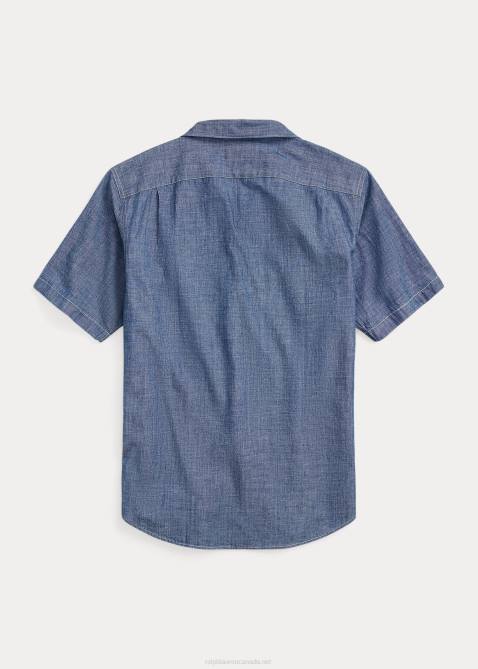 Men Ralph Lauren Indigo Chambray Camp Shirt 4DJ21712 Rinse Wash