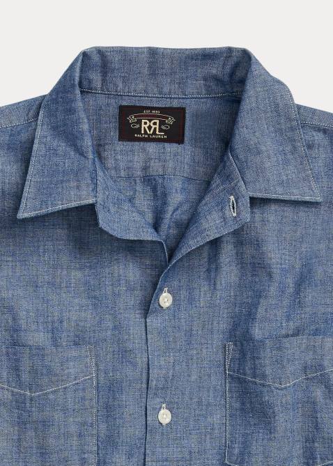 Men Ralph Lauren Indigo Chambray Camp Shirt 4DJ21712 Rinse Wash