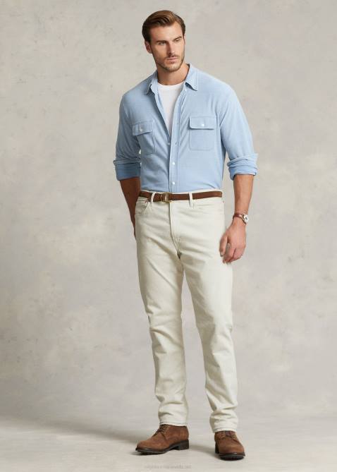 Men Ralph Lauren Knit Chambray Workshirt 4DJ21360 Light Indigo