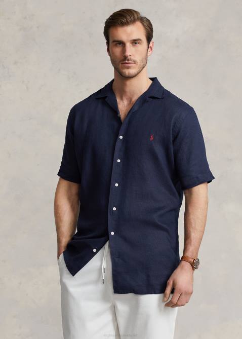 Men Ralph Lauren Linen Camp Shirt 4DJ21495 Newport Navy