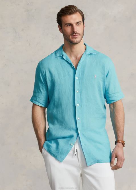 Men Ralph Lauren Linen Camp Shirt 4DJ21496 Perfect Turquoise