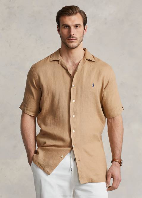 Men Ralph Lauren Linen Camp Shirt 4DJ21498 Vintage Khaki