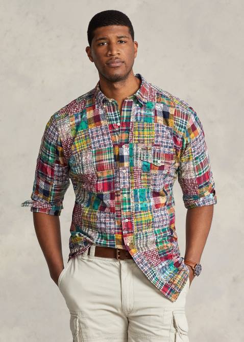 Men Ralph Lauren Patchwork Madras Shirt 4DJ21345 Woodblock Preppy Patchwor