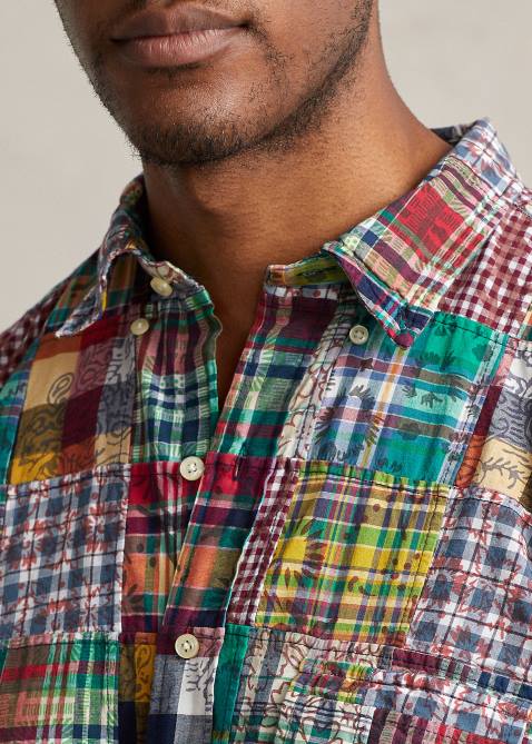 Men Ralph Lauren Patchwork Madras Shirt 4DJ21345 Woodblock Preppy Patchwor