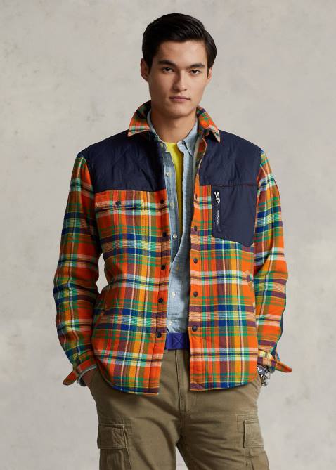Men Ralph Lauren Plaid Flannel Hybrid Overshirt 4DJ28474 Orange/Royal Multi